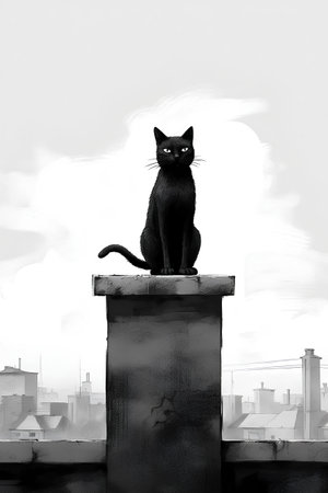 Black cat sitting on the roof of a building in the city.の素材