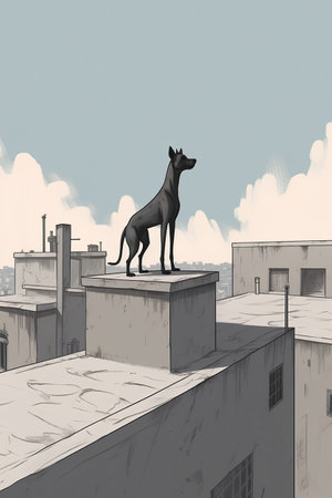 Black dog standing on the roof of a building. Vector illustration.の素材