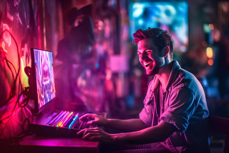Portrait of a young man playing computer games at night club.の素材