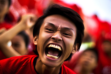 Portrait of asian football fan screaming with red flag background.の素材