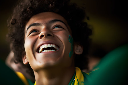 Portrait of a football fan with a green and yellow jersey in the stadiumの素材