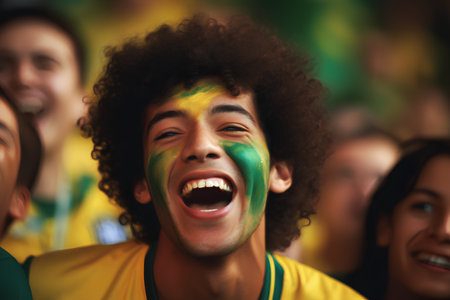 Portrait of a fan with the flag of Brazil on his faceの素材