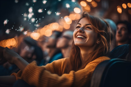 Portrait of happy young woman sitting in a car and looking at fireworksの素材
