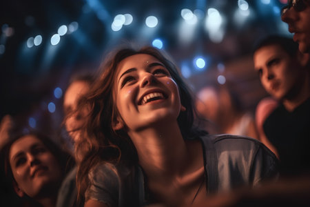 Happy young woman dancing at a live music festival with crowd in the backgroundの素材