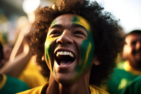 Football fan at the stadium with the colors of the flag of Brazilの素材