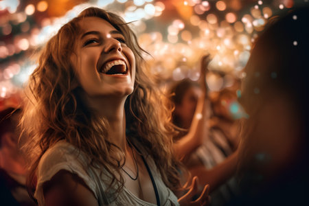 Portrait of a happy young woman dancing at a music festival.の素材