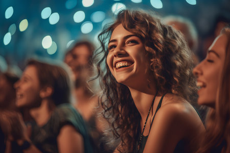 Beautiful young woman dancing at a music festival or night club.の素材