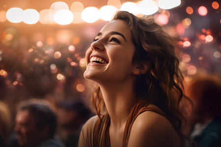 Portrait of a happy young woman in front of a concert stageの素材