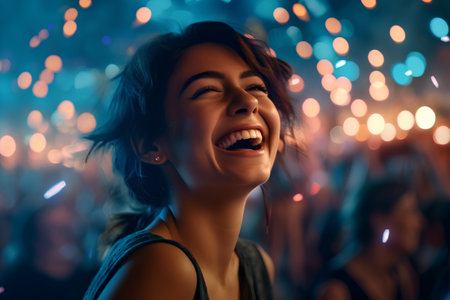 Happy young woman dancing at a party in front of a bokeh backgroundの素材