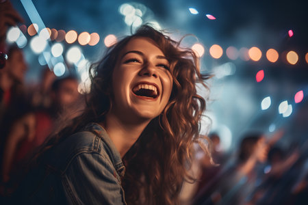 Portrait of a happy young woman dancing at a music festival.の素材