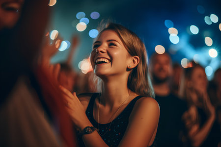 Happy young woman dancing with friends at a music festival and having funの素材