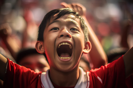 Portrait of asian football fan screaming with hands up on blurred backgroundの素材