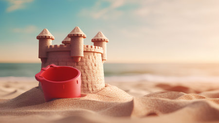 Sand castle with red bucket on the beach. Summer vacation concept.の素材