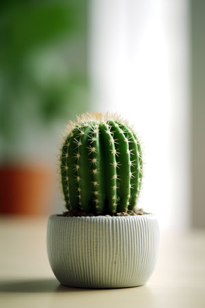cactus in a pot on a wooden table with a blurred backgroundの素材
