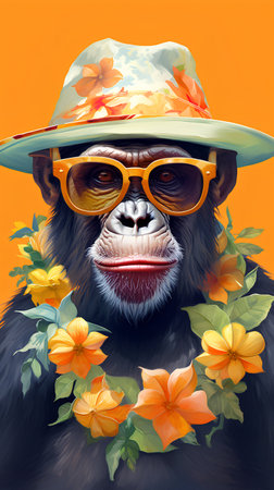 Chimpanzee in hat and sunglasses with flowers on orange backgroundの素材