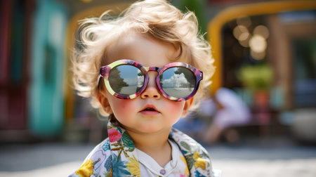 Portrait of a cute little girl in sunglasses on the street.の素材