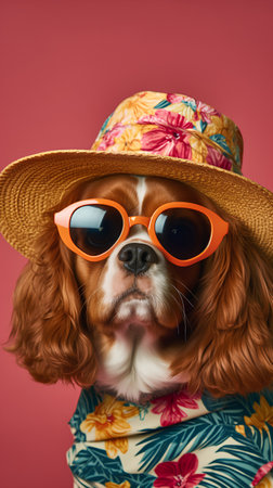 Cavalier King Charles Spaniel dog wearing summer hat and sunglassesの素材