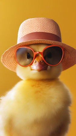 Cute little yellow chicken wearing hat and sunglasses. Yellow background.の素材