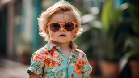 Portrait of a cute little boy in sunglasses on the street.の素材
