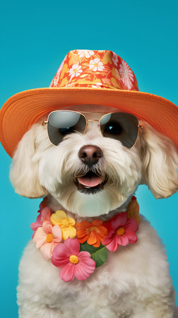Funny dog in summer hat and sunglasses. Isolated on blue background.の素材