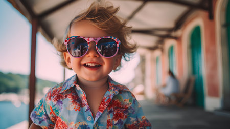 Portrait of a cute little girl wearing sunglasses on the beach.の素材