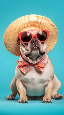 Funny french bulldog wearing summer hat and sunglasses sitting on blue backgroundの素材