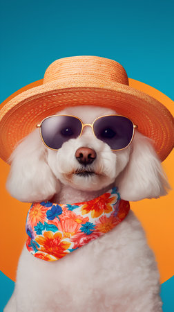 Studio portrait of a poodle dog wearing a summer hat and sunglassesの素材