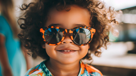 Close-up portrait of a little boy with curly hair and sunglassesの素材