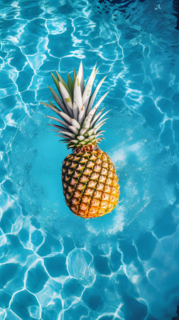 Pineapple floating in swimming pool. Summer vacation and travel conceptの素材