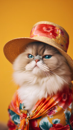Funny cat wearing summer hat and colorful clothes on yellow background.の素材