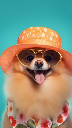 Cute pomeranian dog in summer hat and sunglasses on blue background.の素材