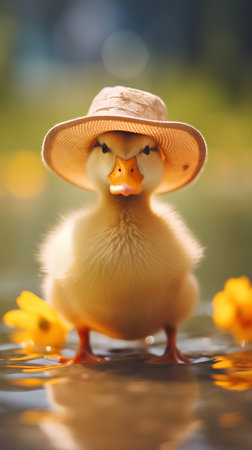 Cute duckling in a hat on a background of spring flowersの素材