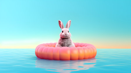 Rabbit floating on an inflatable ring in the sea. 3d renderの素材