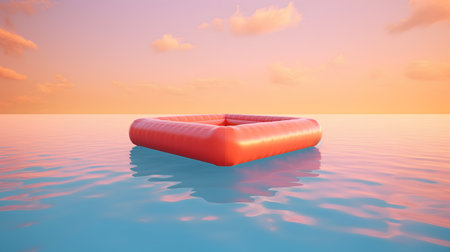 Lifebuoy floating in the sea at sunset. 3d renderの素材