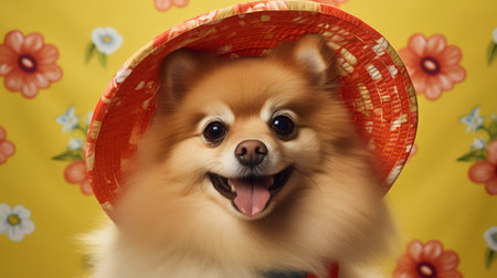 Cute pomeranian dog in a summer hat on a yellow backgroundの素材