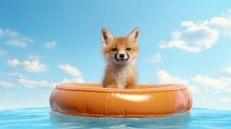 cute little fox swimming in an inflatable ring in the waterの素材