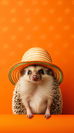 Hedgehog in a hat on an orange background. Copy space.の素材