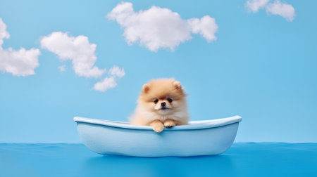 Cute pomeranian puppy in bathtub on blue background.の素材
