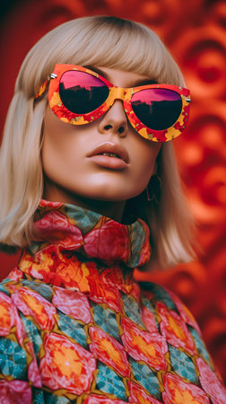 Fashion portrait of a beautiful blonde girl in sunglasses on a red background.の素材