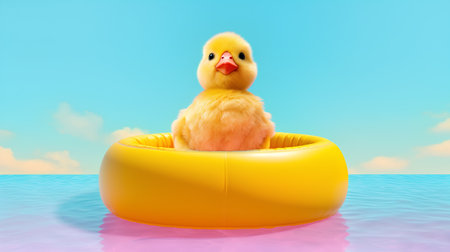 Cute yellow duckling in an inflatable ring floating in the seaの素材