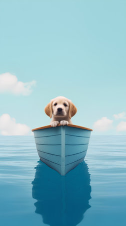 Cute dog in a boat floating in the sea. Conceptual imageの素材