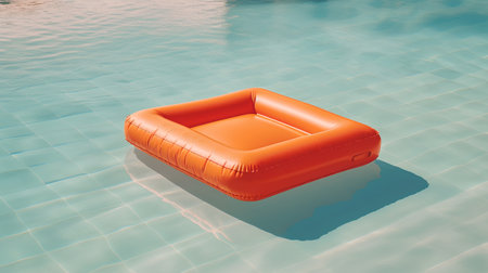 Orange inflatable armchair floating in swimming pool, 3d renderの素材