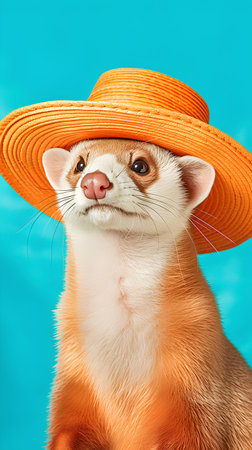 Portrait of a ferret in a hat on a blue backgroundの素材