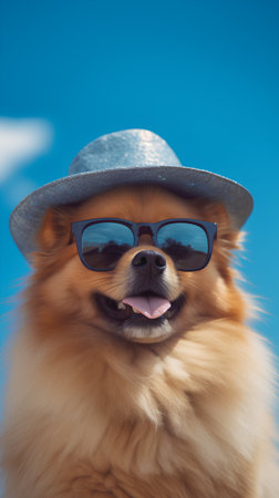 Pomeranian dog in hat and sunglasses on blue sky background.の素材