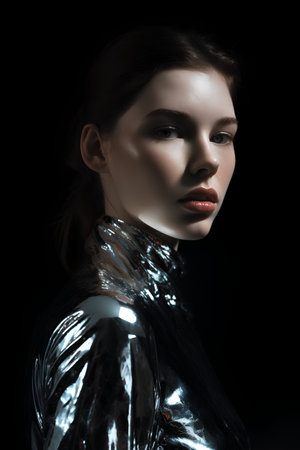 beautiful young woman in silver latex costume isolated on black, cyberpunk styleの素材