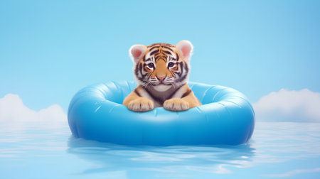 Cute little tiger in blue inflatable ring floating in water.の素材
