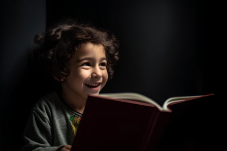 Cute little boy reading a book in dark room with dark backgroundの素材
