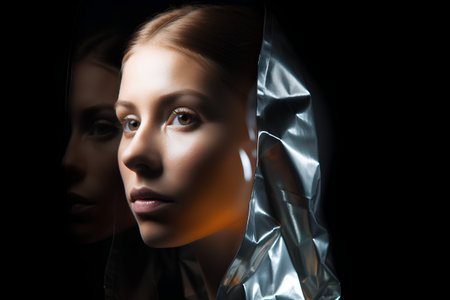 Portrait of a beautiful girl in a plastic bag on a dark backgroundの素材