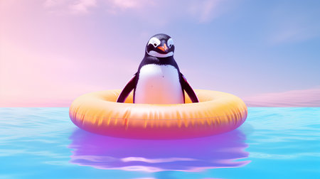 Penguin on an inflatable ring floating in the sea.の素材
