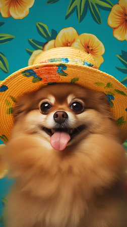 Pomeranian dog in a summer hat on a colorful background.の素材